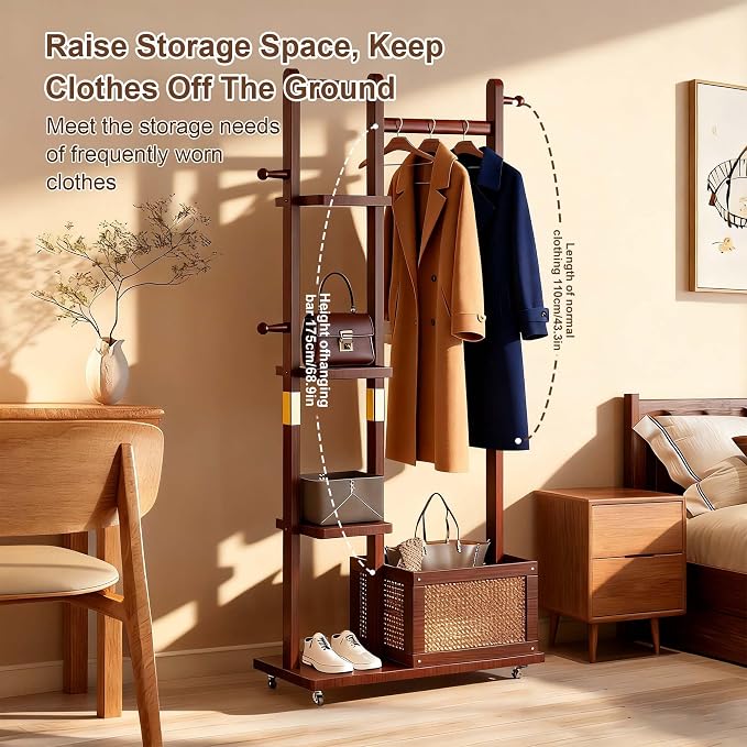 Solid Wood Clothes Rack with Wheels, Freestanding Coat Rack with 4 Shelves - Image 7