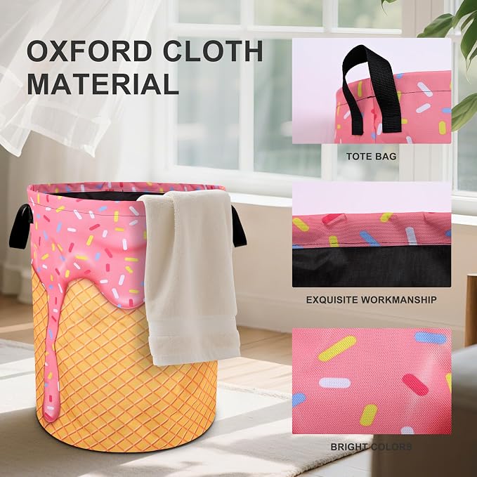 Pink Ice Cream Laundry Basket Foldable Oxford Cloth Tote Bag Laundry Hamper - Image 2
