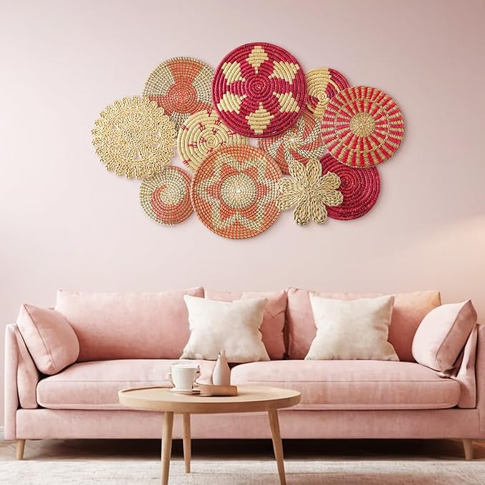 Tatuo 11 Pcs Boho Wall Basket Decor Decorative Bulrush Woven Basket Wall Decor - Image 2