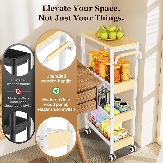 Utility 4 Tier Rolling Cart for Small Spaces, Slim Storage Cart - Image 3