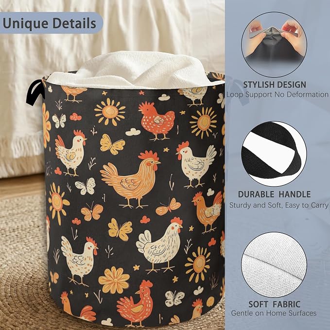 Cute Roosters Laundry Basket, Flower Butterfly Foldable - Image 3