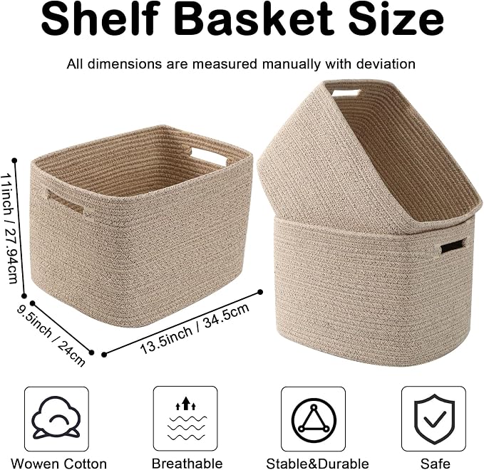 3 Pack Woven Storage Baskets for Shelves, 13.5"×11"×9.5"Organizing Bins - Image 2