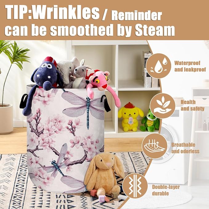 Dragonfly Laundry Basket, Foldable Cherry Blossom Laundry Hamper Tote Bag Dirty - Image 5
