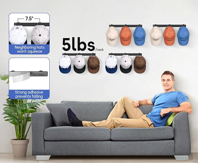 KIMBORA 4 Packs Hat Rack for Wall, Hat Organizer for Baseball Caps Holds 36 Hats - Image 3
