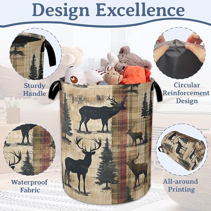 Deer Laundry Basket, Foldable Oxford Cloth Vintage Forest Tree Laundry Hamper - Image 4