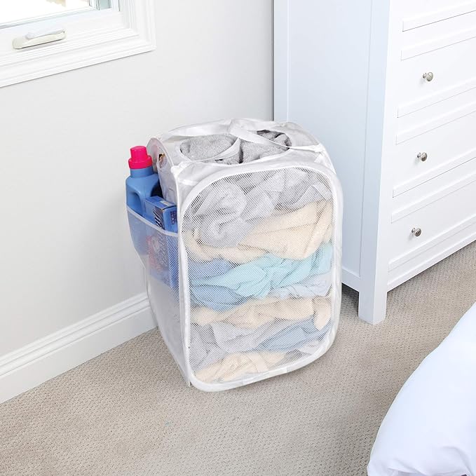 Smart Design Deluxe Mesh Pop Up Square Laundry Hamper w/ Side Pocket & Handles - Image 4