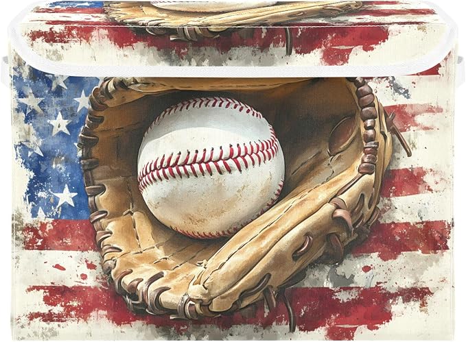 Storage Bin with Lid American Flag Baseball Gloves Storage Box Basket Large - Image 2