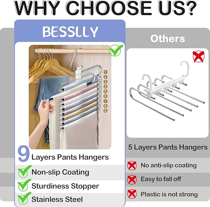Upgrade 9 Layers Pants Hangers Space Saving, Non Slip Stainless Steel - Image 2