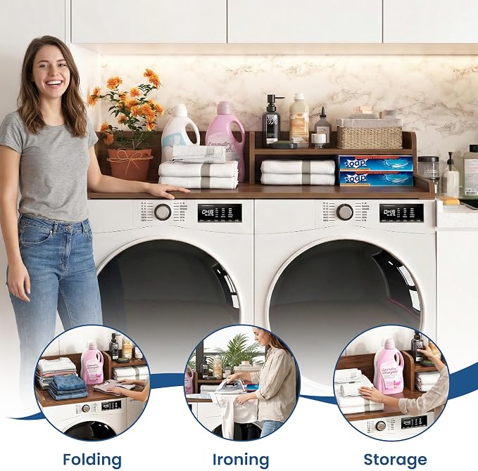 Washer Dryer Countertop with Open Storage Shelf & Raised Edge Guard, Laundry - Image 3