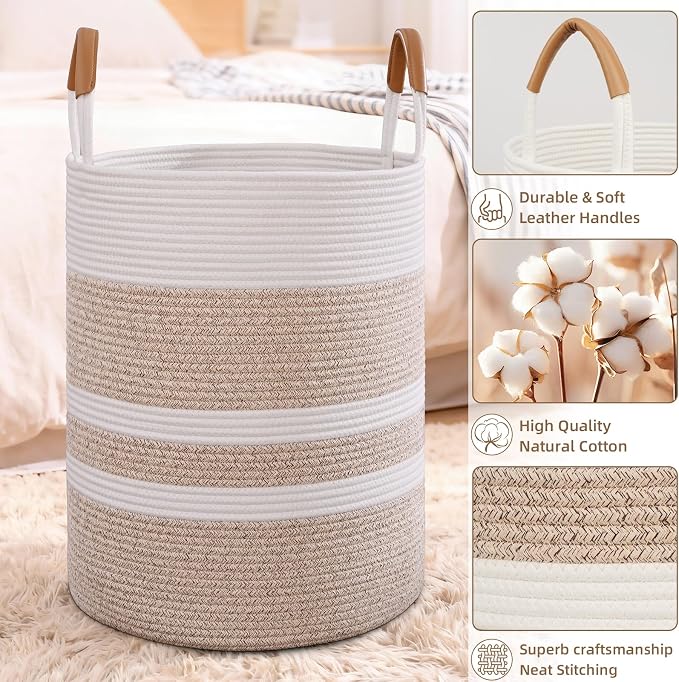 90L Striped Laundry Basket, Woven Cotton Rope Storage Bin - Image 7