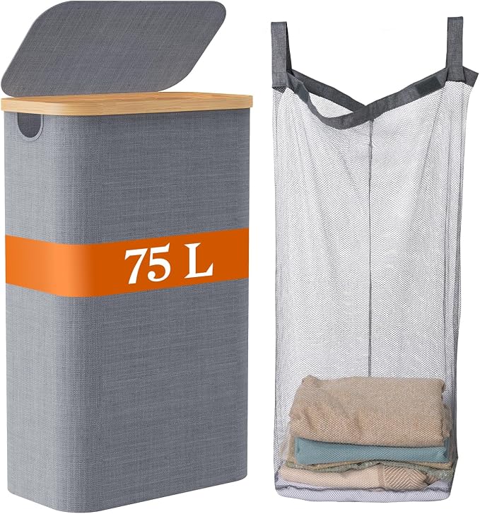 Laundry Basket with Lid, 75L Laundry Hamper with Removable Bag, Travel Dirty by JOLLYIN