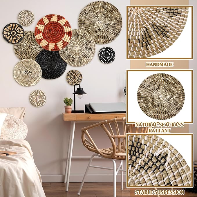 Tatuo 11 Pcs Boho Wall Basket Decor Decorative Bulrush Woven Basket Wall Decor - Image 4