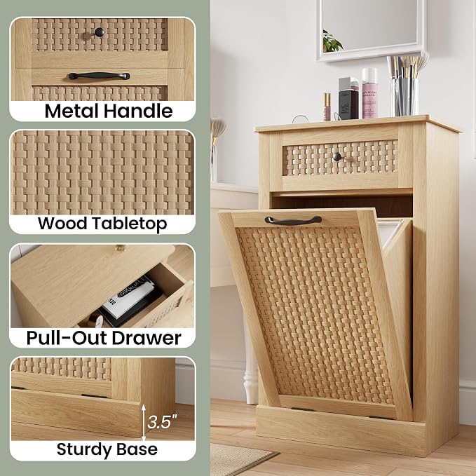 Double Tilt Out Laundry Hamper Cabinet, Rattan-Style Laundry Room Organization - Image 8