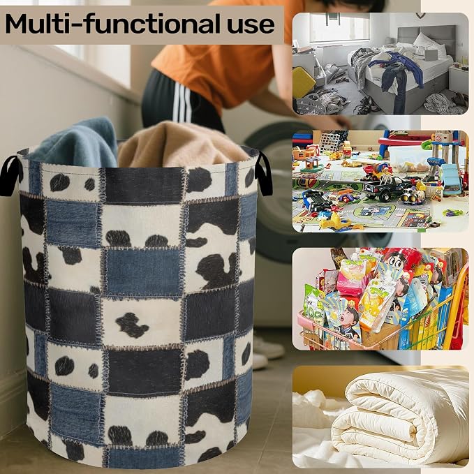 Denim Patchwork Cow Print Large Clothes Hamper Bag - Image 6