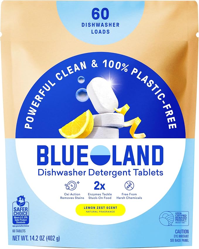 BLUELAND 100% Plastic-Free Dishwasher Detergent Tablets, Lemon Zest Scent by BLUELAND