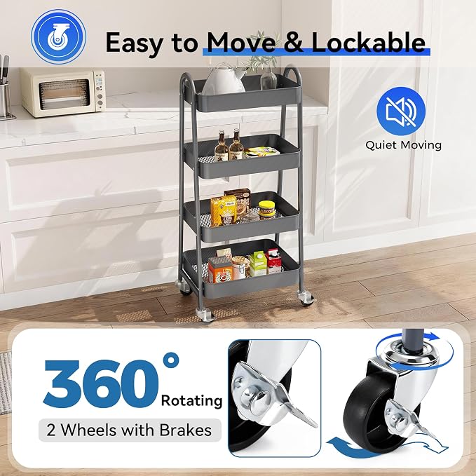 OLIXIS 4 Tier Utility Rolling Cart, Metal Mobile Storage Shelf - Image 3