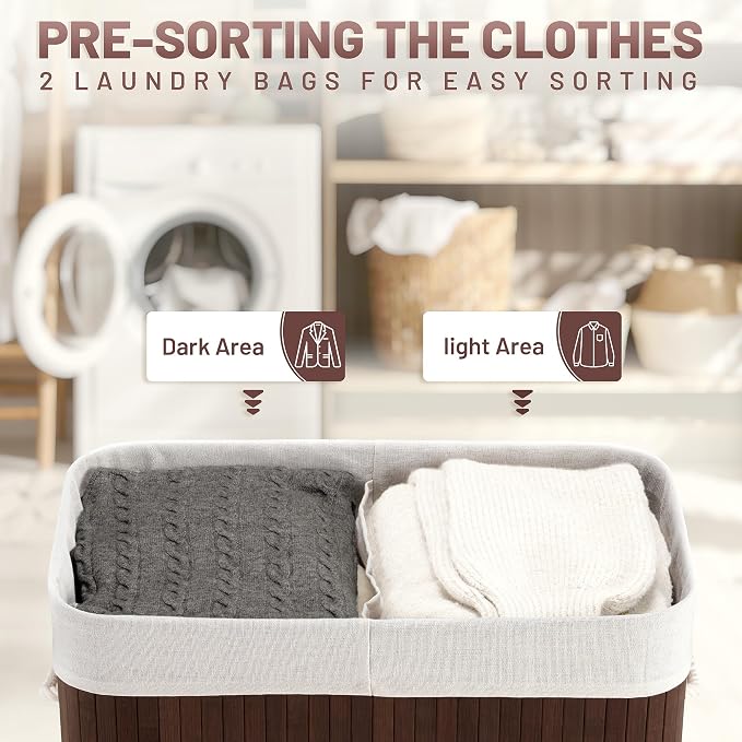 100L Laundry Hamper with lid, 2-Section Clothes Laundry Basket with Handles - Image 3