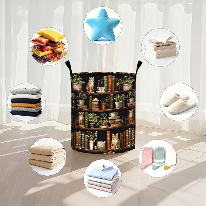 Wooden Bookshelf Cat Laundry Basket Storage Bin Foldable Laundry Hamper Clothes - Image 5