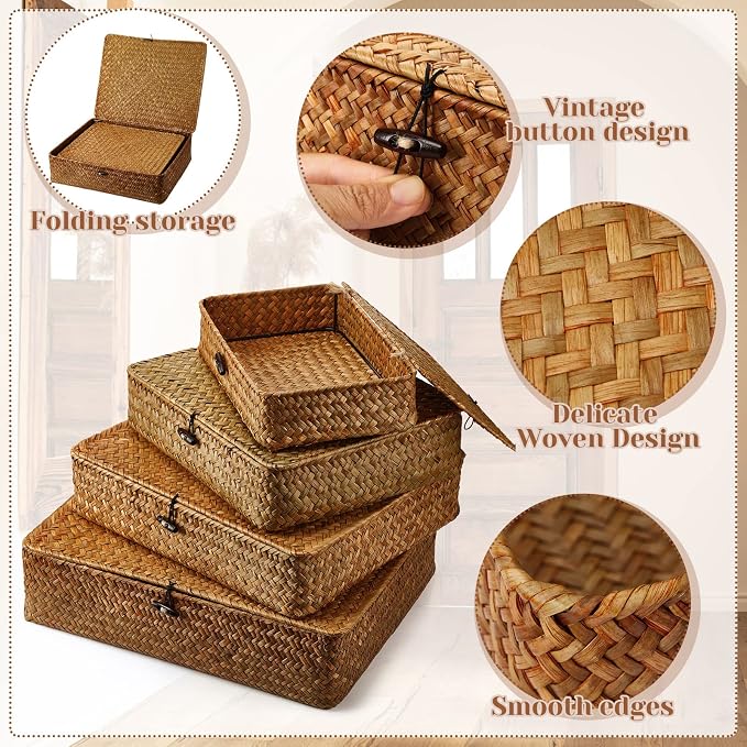 Set of 4 Seagrass Basket with Lid Wicker Storage Basket Decorative Storage - Image 3