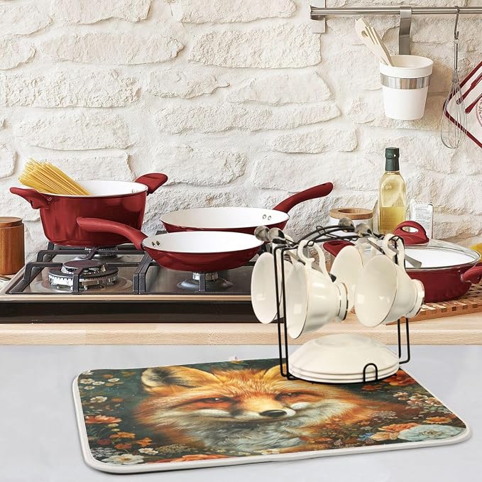 Beautiful Red Fox Flowers Retro Absorbent Dish Drying Mat Microfiber Kitchen - Image 2