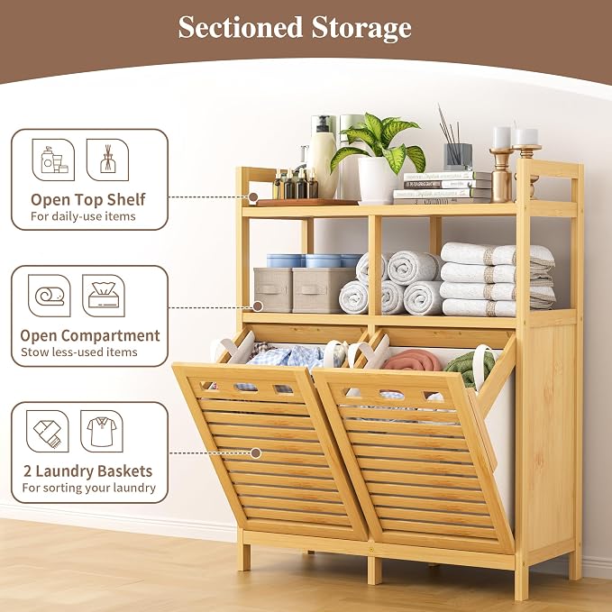 VASMIA Tilt Out Laundry Hamper Cabinet, Bamboo Double Laundry Hamper - Image 5