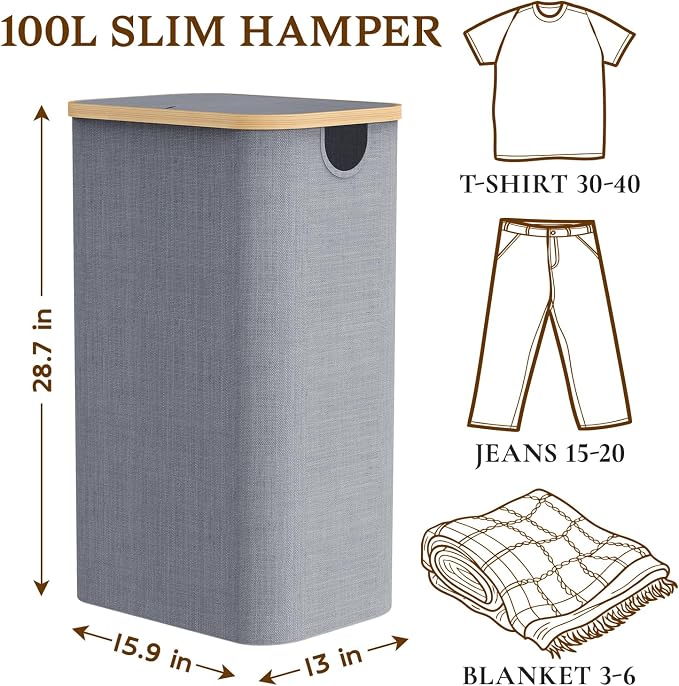 Laundry Baskest with Lid, 100L Large Tall Laundry Hamper with Removable Bag - Image 2
