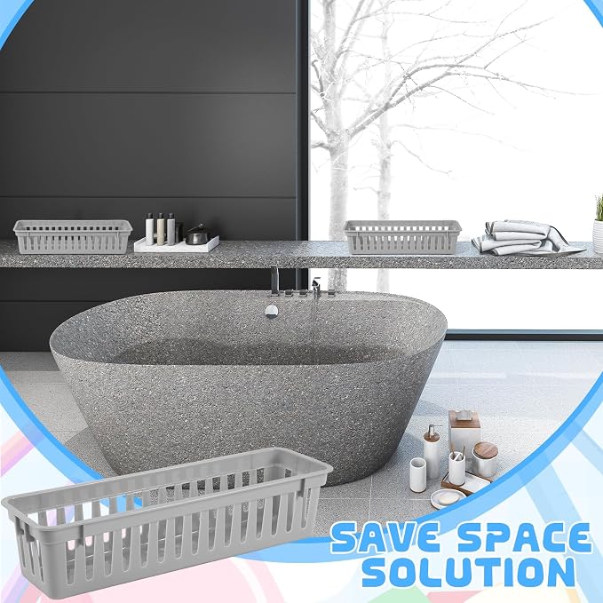 12 Pcs Gray Slim Plastic Storage Baskets Tray 10 x 3 x 2.5 Inch Compact - Image 5