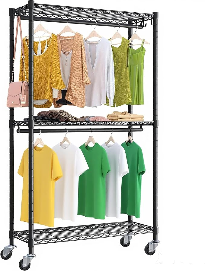 Rolling Clothing Rack for Hanging Clothes Heavy Duty Garment Rack by Higeego
