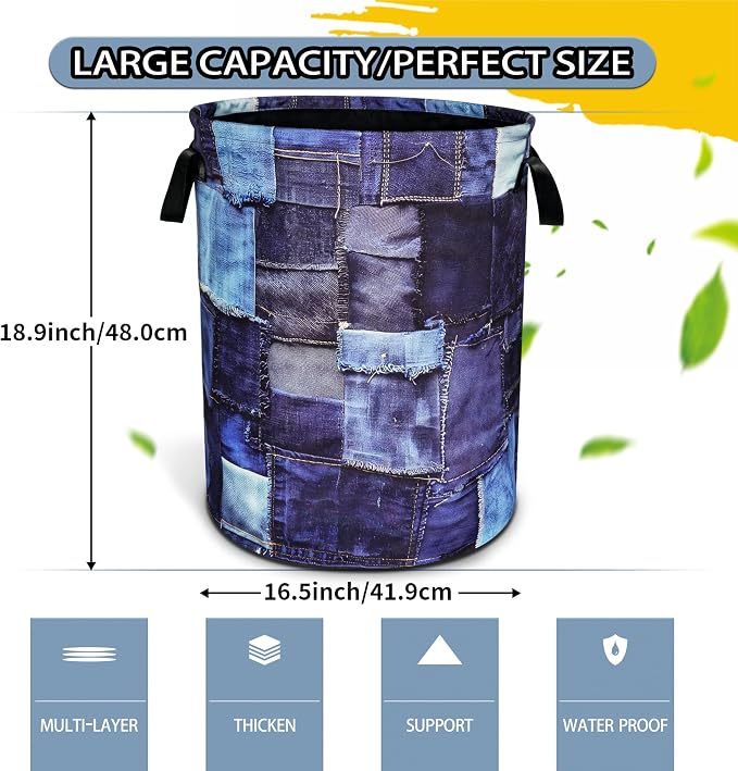 Blue Denim Pattern Laundry Basket Patchwork Design Foldable Oxford Cloth Funny - Image 2