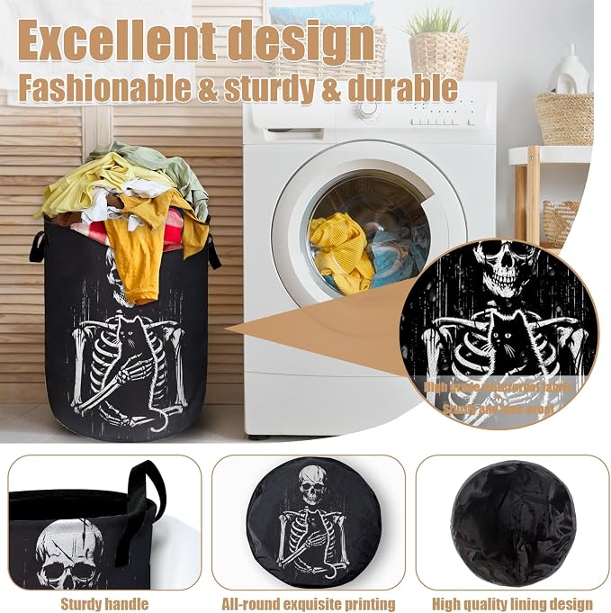 Funny Skull Black Cat Laundry Basket, Foldable Waterproof Laundry Hamper Tote - Image 4