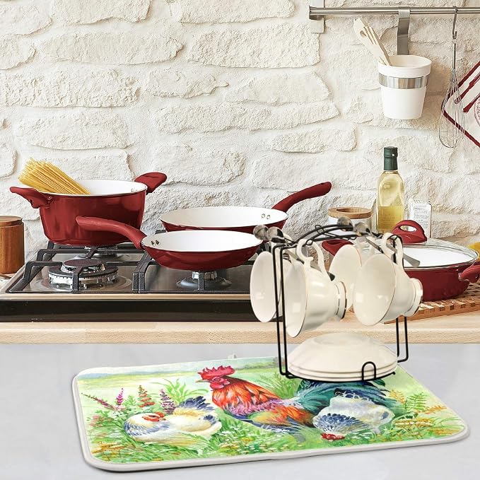 Rural Grass Chicken Rooster Easter Absorbent Dish Drying Mat Microfiber Kitchen - Image 2