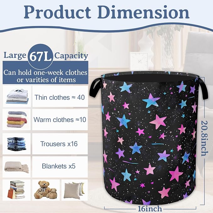 Blue Pink Stars Laundry Basket, Oxford Cloth Laundry Hamper - Image 2