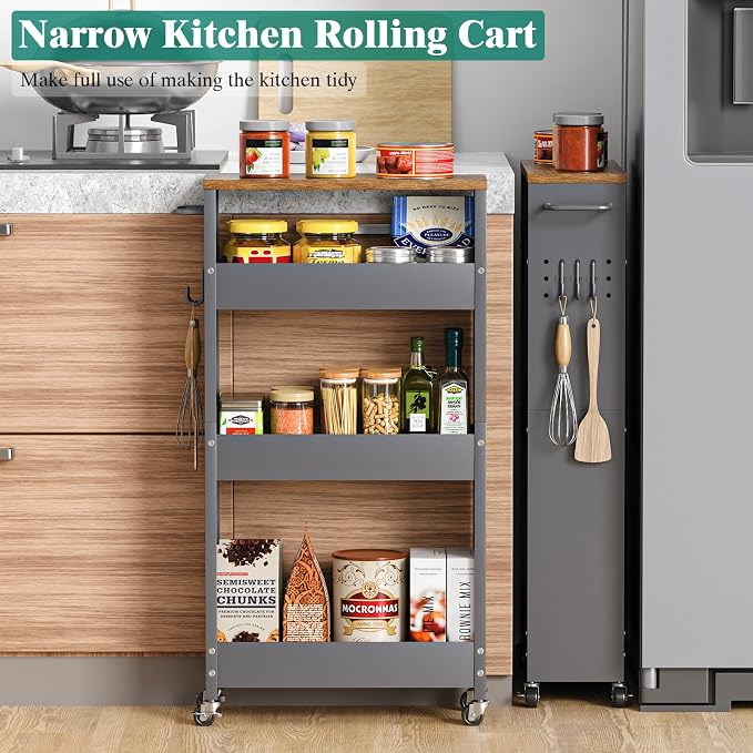 Slim Storage Cart, 4-Tier Kitchen Rolling Cart Narrow Storage Cabinet - Image 3