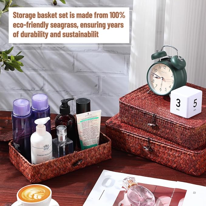 Set of 4 Seagrass Basket with Lid Wicker Storage Basket Decorative Storage - Image 5
