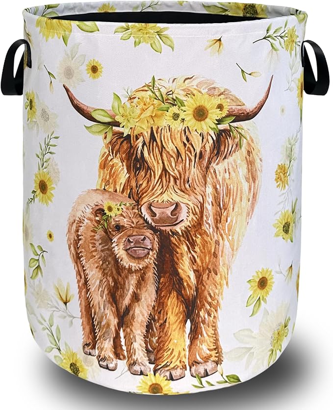 Highland Cow Laundry Hamper Sunflower Flowers Laundry Basket by SELIONLIKN