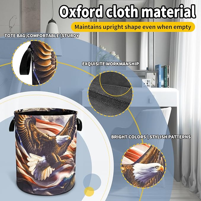 American Flag Bald Eagle Laundry Basket Foldable Oxford Cloth Funny Tote Bag - Image 3