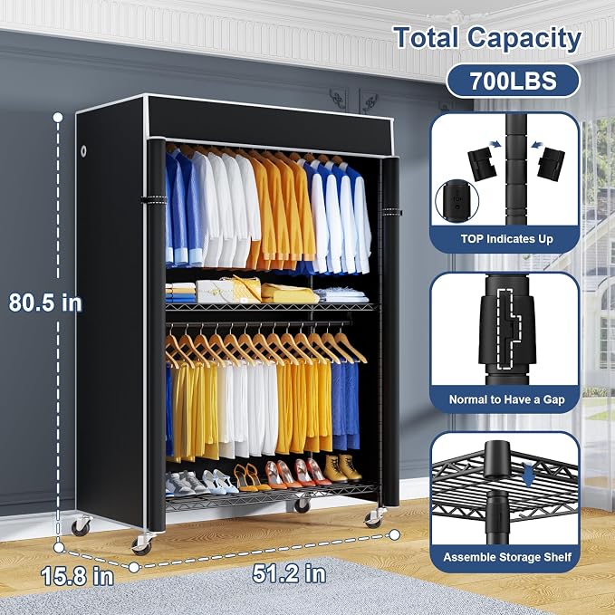 P8C Heavy Duty Clothes Rack（With Extended Width Design） Rolling Clothing Racks - Image 2