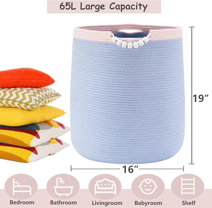 65L Blue Woven Rope Laundry Hamper Basket - Image 2