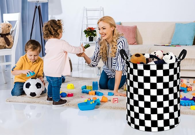 KUNRO Round Black-white Checker Laundry Gift Basket Storage Hamper, Clothes - Image 5