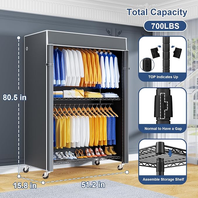 P8C Heavy Duty Clothes Rack（With Extended Width Design） Rolling Clothing Racks - Image 2