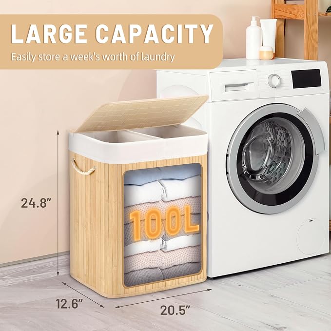 100L Laundry Hamper with lid, 2-Section Clothes Laundry Basket with Handles - Image 2