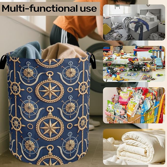 Navy Blue Sailor Anchor Laundry Basket - Image 6