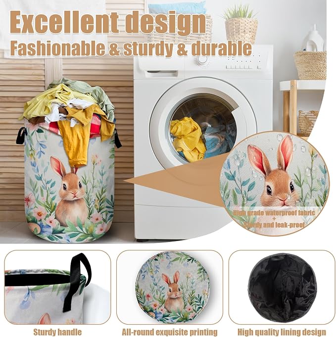 Easter Bunny Laundry Basket, Foldable Rabbit Flower Laundry Hamper Tote Bag - Image 4