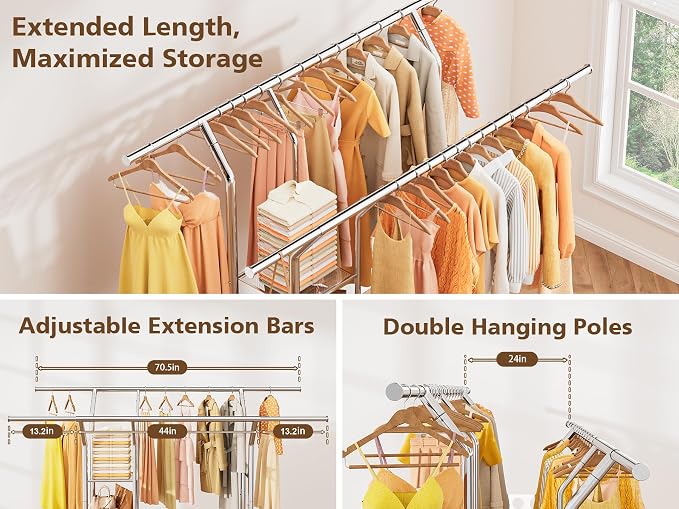 Clothes Rack With Storage Shelf, Heavy Duty Rolling Clothing Rack - Image 3