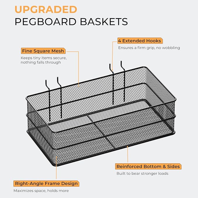 INCLY 4 Pack Upgrade Pegboard Baskets, 4 Sizes Square Style Metal Mesh Pegboard - Image 2