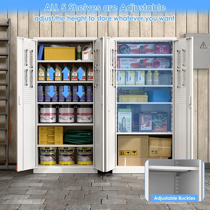 Metal Garage Cabinet with Pegboard and Hooks, Metal Tool Storage Cabinet with 2 - Image 4