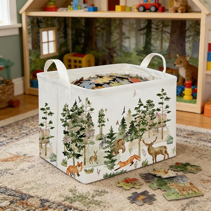 Rectangular Woodland Animal Basket Kids Baby Storage Basket, Bear Fox Boys - Image 5