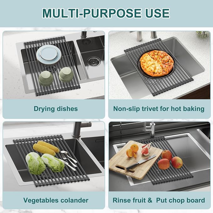 Roll Up Dish Drying Rack, Silicone Wrapped Over The Sink Multipurpose Foldable - Image 3