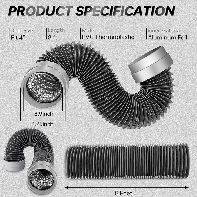 8FT Dryer Vent Hose 4 Inch, Flexible Aluminum Dryer Duct - Image 2