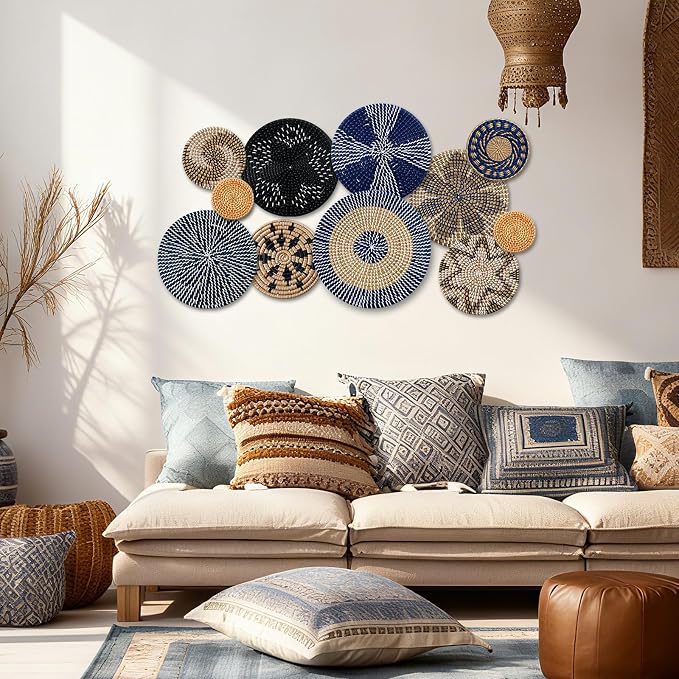 Tatuo 11 Pcs Boho Wall Basket Decor Decorative Bulrush Woven Basket Wall Decor - Image 6